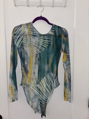 Andrea Iyamah Abstract Print Long-Sleeve Bodysuit in Teal and Mustard